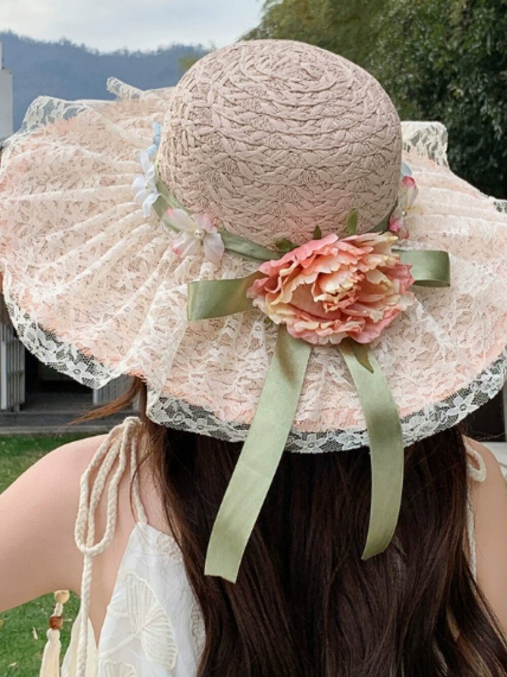 🌸Floral Lace Ruffle Wide Brim Straw Sun Hat